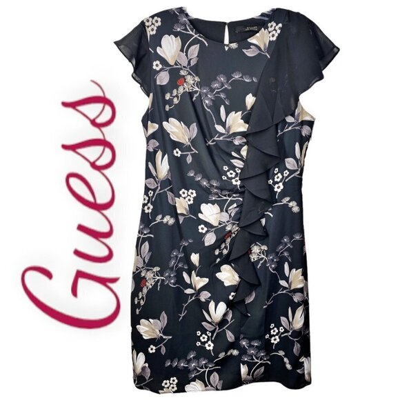 NWT GUESS Floral Chiffon Sleeve Ruffle Front Dress, Size Large - Picture 6 of 6